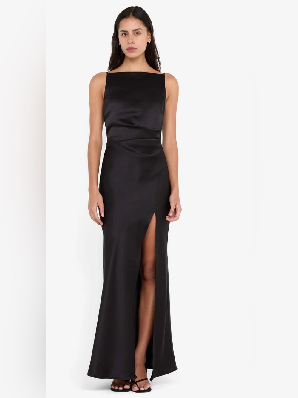 BEC+ BRIDGE  Black Satin Maxi Dress with Side Thigh Slit